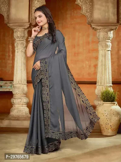 Stylish Georgette Grey Embellished Lace Border Saree With Blouse Piece-thumb0