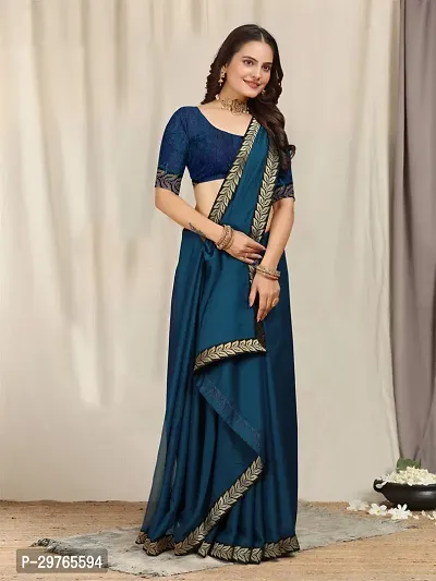 Stylish Georgette Blue Embellished Lace Border Saree With Blouse Piece