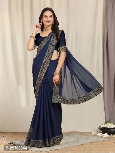 Stylish Georgette Blue Embellished Lace Border Saree With Blouse Piece-thumb0