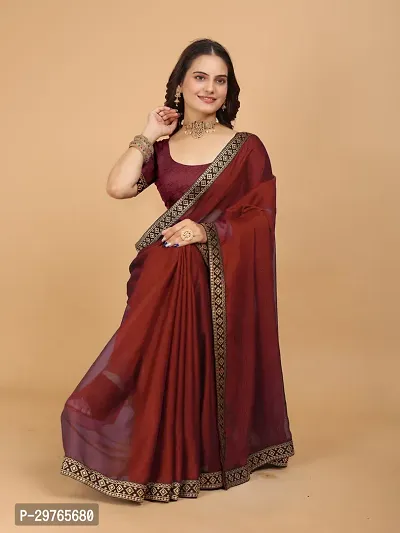 Stylish Georgette Red Embellished Lace Border Saree With Blouse Piece