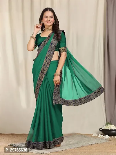 Stylish Georgette Green Embellished Lace Border Saree With Blouse Piece