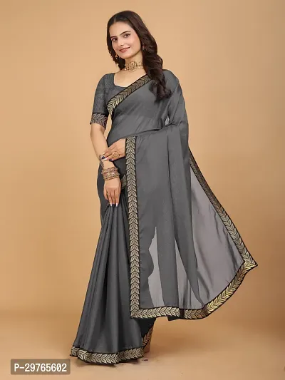 Stylish Georgette Grey Embellished Lace Border Saree With Blouse Piece