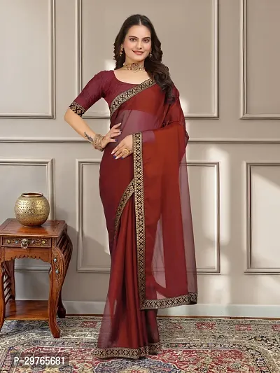 Stylish Georgette Red Embellished Lace Border Saree With Blouse Piece-thumb0