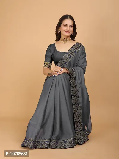 Stylish Georgette Grey Embellished Lace Border Saree With Blouse Piece