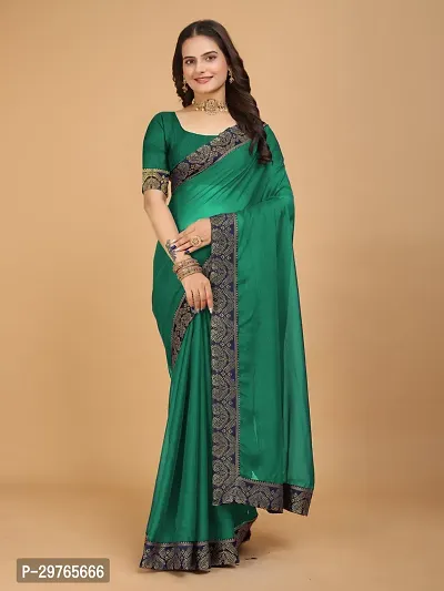 Stylish Georgette Green Embellished Lace Border Saree With Blouse Piece-thumb0