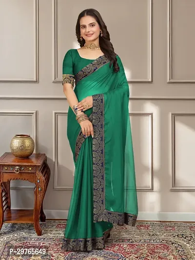 Stylish Georgette Green Embellished Lace Border Saree With Blouse Piece