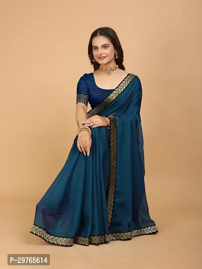 Stylish Georgette Blue Embellished Lace Border Saree With Blouse Piece-thumb0