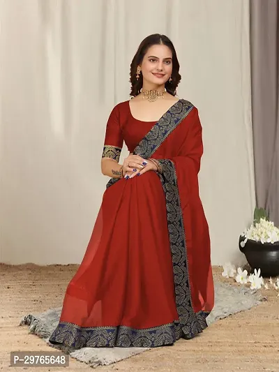 Stylish Georgette Red Embellished Lace Border Saree With Blouse Piece