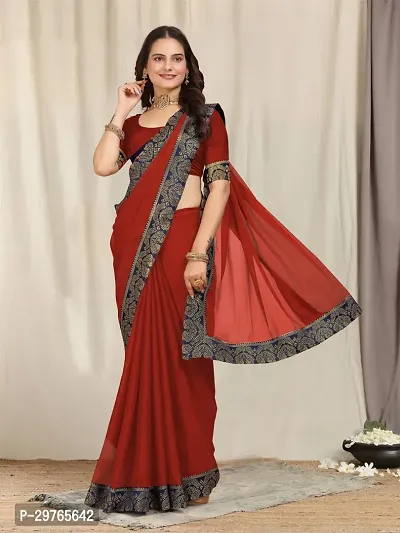 Stylish Georgette Red Embellished Lace Border Saree With Blouse Piece