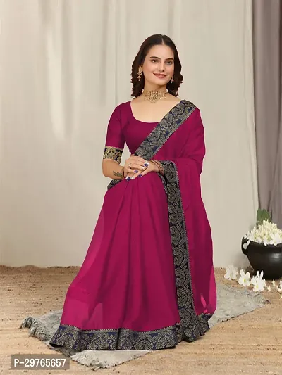 Stylish Georgette Magenta Embellished Lace Border Saree With Blouse Piece-thumb0