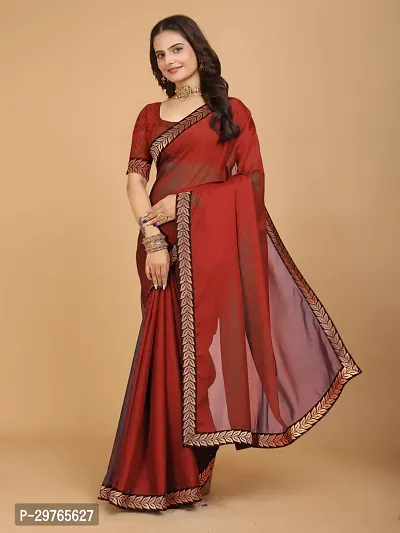 Stylish Georgette Red Embellished Lace Border Saree With Blouse Piece