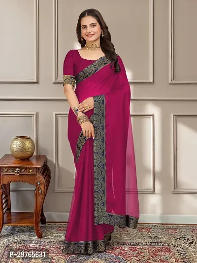 Stylish Georgette Magenta Embellished Lace Border Saree With Blouse Piece-thumb0