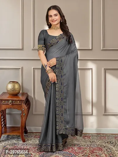 Stylish Georgette Grey Embellished Lace Border Saree With Blouse Piece