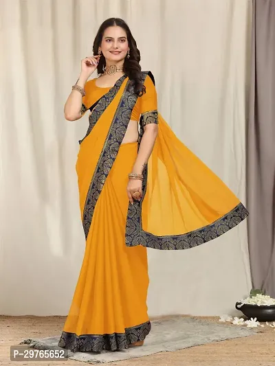 Stylish Georgette Yellow Embellished Lace Border Saree With Blouse Piece