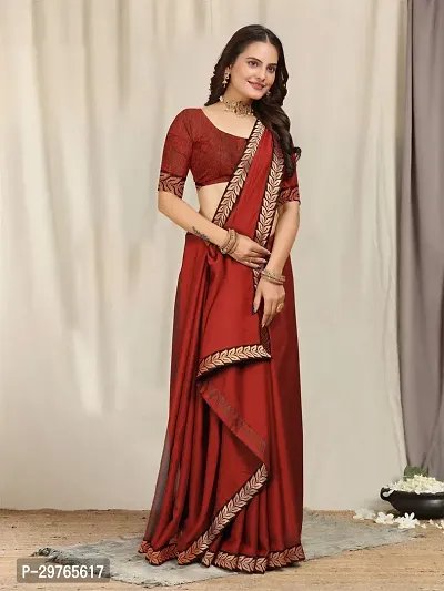 Stylish Georgette Red Embellished Lace Border Saree With Blouse Piece