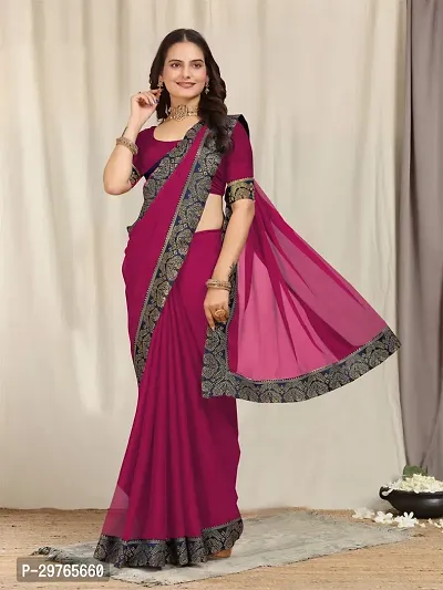 Stylish Georgette Magenta Embellished Lace Border Saree With Blouse Piece-thumb0