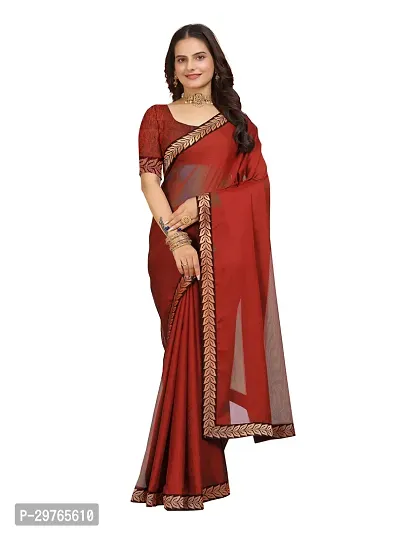 Stylish Georgette Red Embellished Lace Border Saree With Blouse Piece-thumb0