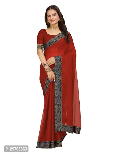 Stylish Georgette Red Embellished Lace Border Saree With Blouse Piece