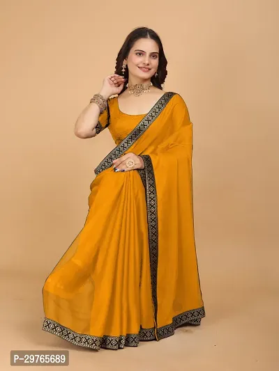 Stylish Georgette Yellow Embellished Lace Border Saree With Blouse Piece-thumb0