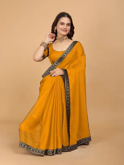 Stylish Georgette Embellished Lace Border Saree With Blouse Piece