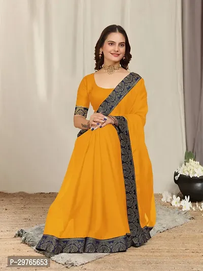 Stylish Georgette Yellow Embellished Lace Border Saree With Blouse Piece-thumb0