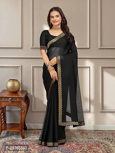 Stylish Georgette Black Embellished Lace Border Saree With Blouse Piece-thumb0