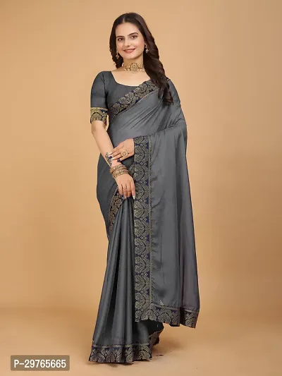 Stylish Georgette Grey Embellished Lace Border Saree With Blouse Piece