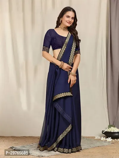 Stylish Georgette Blue Embellished Lace Border Saree With Blouse Piece