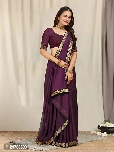 Stylish Georgette Purple Embellished Lace Border Saree With Blouse Piece