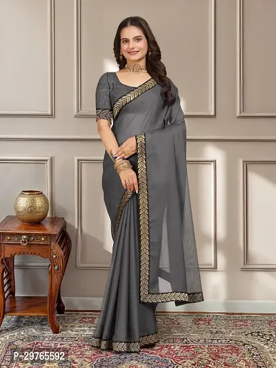 Stylish Georgette Grey Embellished Lace Border Saree With Blouse Piece