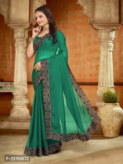 Stylish Georgette Green Embellished Lace Border Saree With Blouse Piece