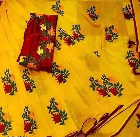 Womens Chanderi Cotton Floral Embroidered Sarees with Blouse Piece