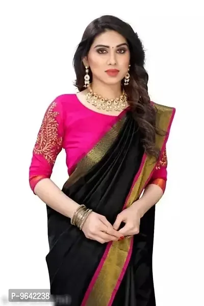 Stylish Black Chanderi Cotton Saree with Blouse piece For Women