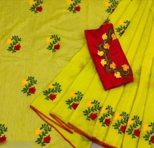 Chanderi Cotton Embroidered Sarees with Blouse Piece