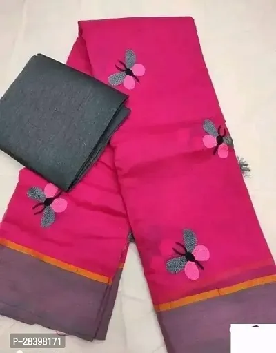 Embroidered Cotton Blend Saree with Blouse Piece