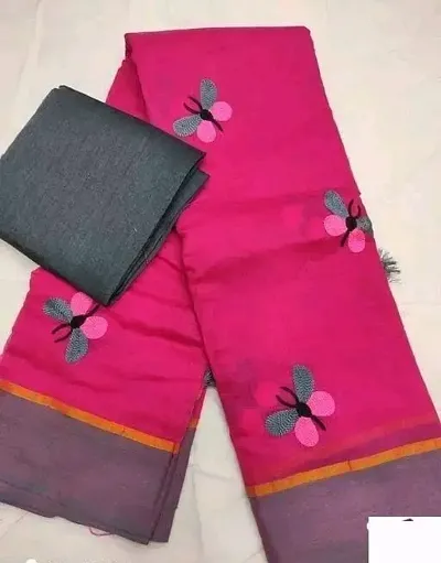 New In Cotton Blend Embroidered Sarees with Blouse Piece