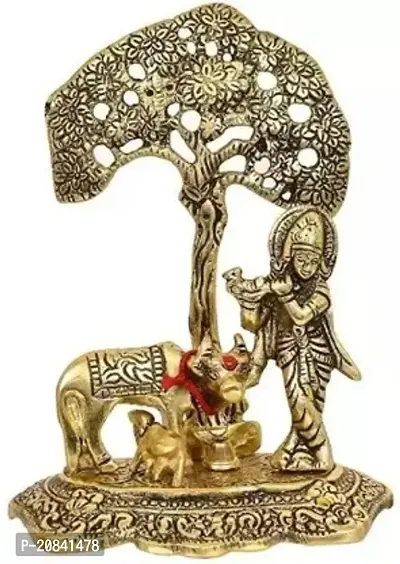 Crafts Metal Krishna With Cow Standing Under Tree Plying Flute Decorative Showpiece-thumb0