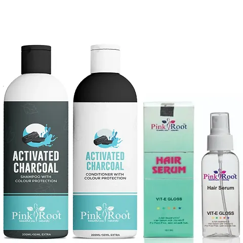 Pink Root Activated Charcoal Shampoo, Conditioner With Hair Serum