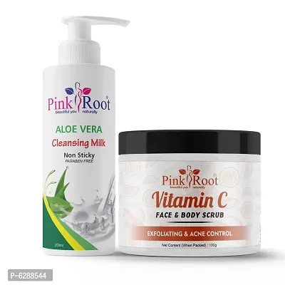 Pink Root Aloe Vera Cleansing Milk 200 ml With Pink Root Vitamin C Scrub 100 Grams-thumb0