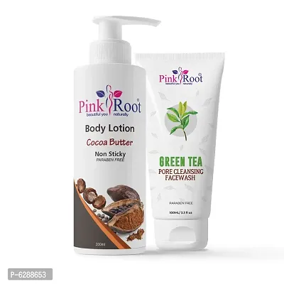 Pink Root Body Lotion Cocoa Butter 200 ml With Pink Root Green Tea Pore Cleansing Face Wash 100 ml-thumb0