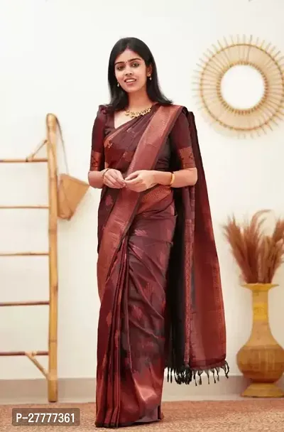 Fancy Silk Blend Saree With Blouse Piece For Women-thumb0