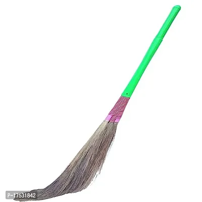 Floor Broom With Natural Soft No Dust Grass Long Stick Broom For Home Pantry Office Cleaning -Random Colours, Plastic Handle, Hard Floor-thumb0