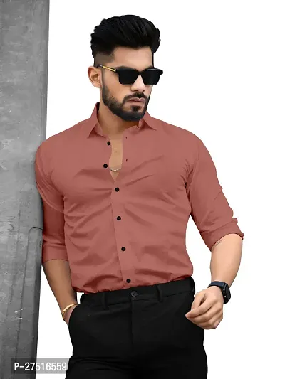 Stylish Peach Cotton Long Sleeves Solid Casual Shirt For Men-thumb0