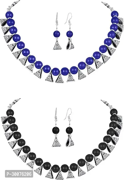 Kaima Oxidised Silver Black Blue Jewellery Set Pack of 2