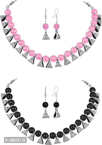 Kaima Oxidised Silver Black Pink Jewellery Set Pack of 2-thumb0