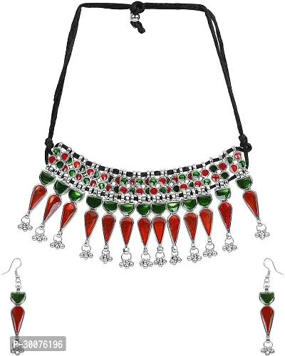 Kaima Oxidised Silver Silver Red Green Jewellery Set Pack of 1