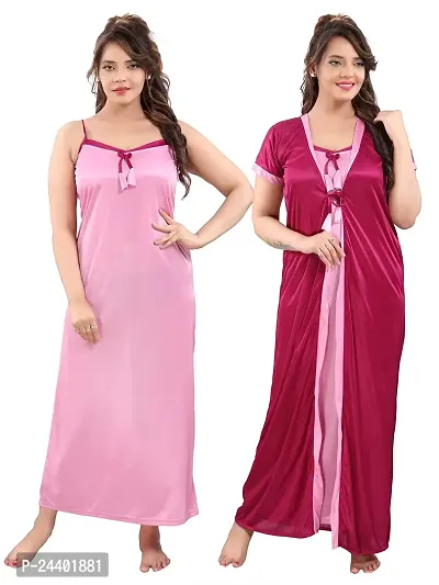 TRUNDZ Women's Satin Solid Maxi Nighty (NTY2647-2658_Dark Pink_Free Size)-thumb0