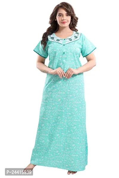 TRUNDZ Women's Cotton Printed Maxi Nighty (2631-2633_Turquoise_Free Size)-thumb0