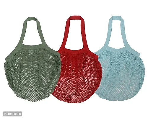 Organic Cotton Net Mesh Bags for Vegetables and Fruits/ Reusable Storage Bags//Market Bag (Multipurpose) - Combo of 3 (Green , Red and Blue)