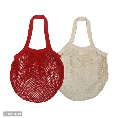 Organic Cotton Net Mesh Bags for Vegetables and Fruits/ Reusable Storage Bags//Market Bag (Multipurpose) - Combo of 2 (Red and Beige)-thumb0